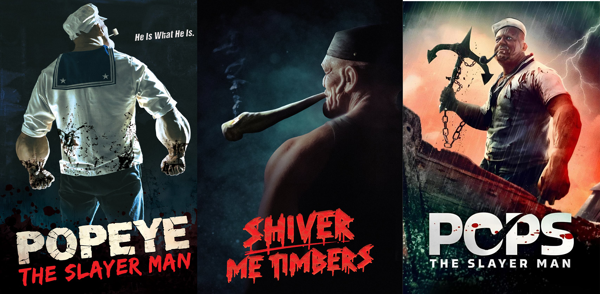 The three posters for the Popeyes movies released. Popeye the Slayer man, Shiver Me Timbers, and Popeye's Revenge